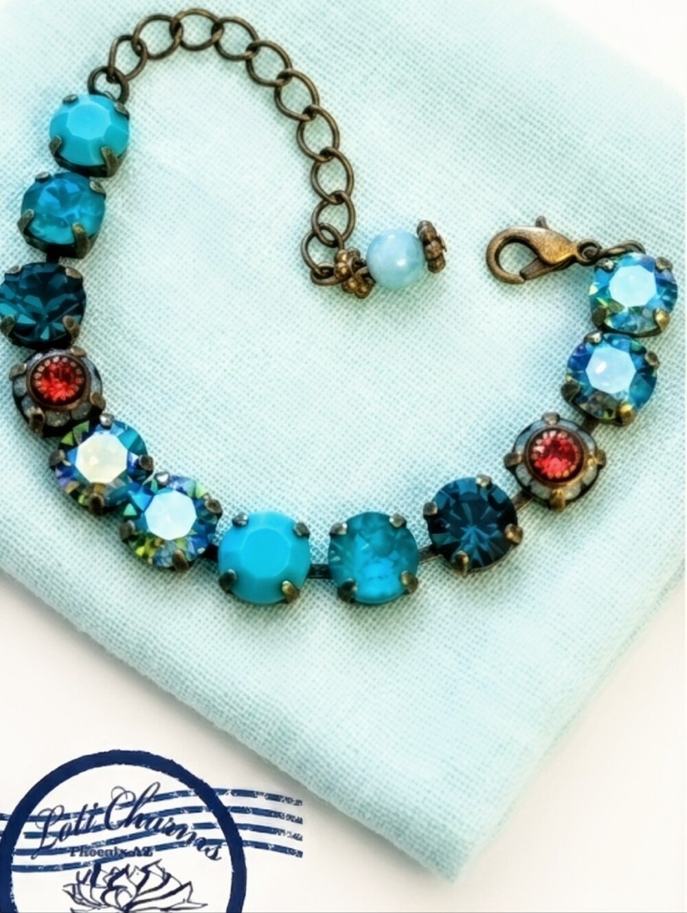 Brilliant Teal & Flower Crystals Bracelet in Brass Or Gold Plated